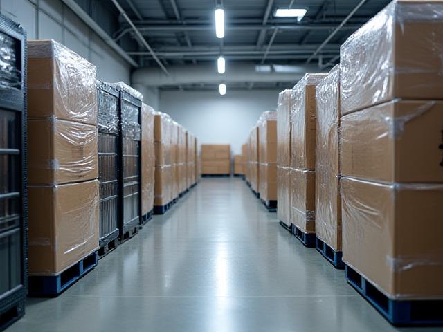 Professionally wrapped and palletized server equipment ready for transport