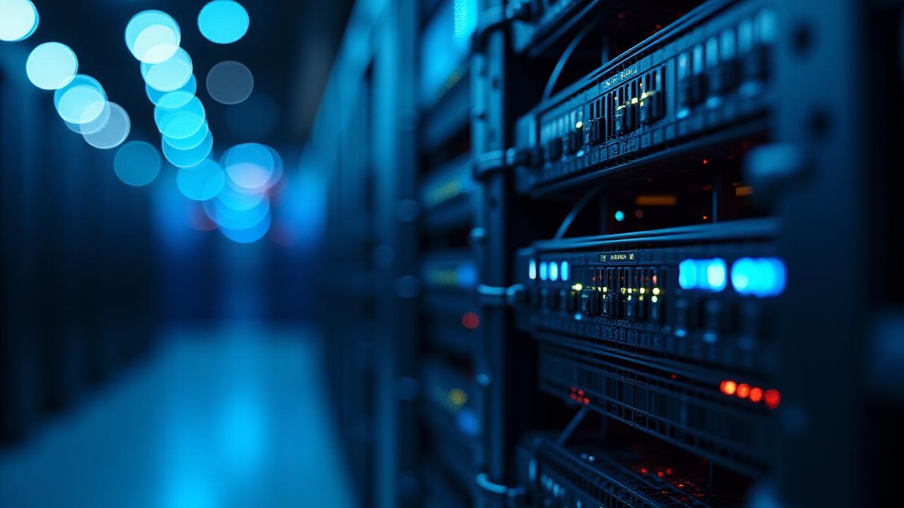 Close-up of modern data center server racks with blue technological lighting