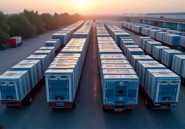 Fleet of trucks loaded with solar panel arrays and inverters