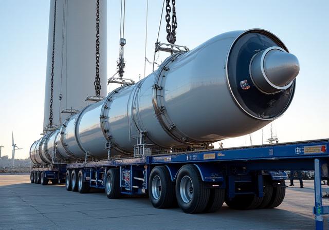 Wind power nacelle being secured on a multi-axle trailer