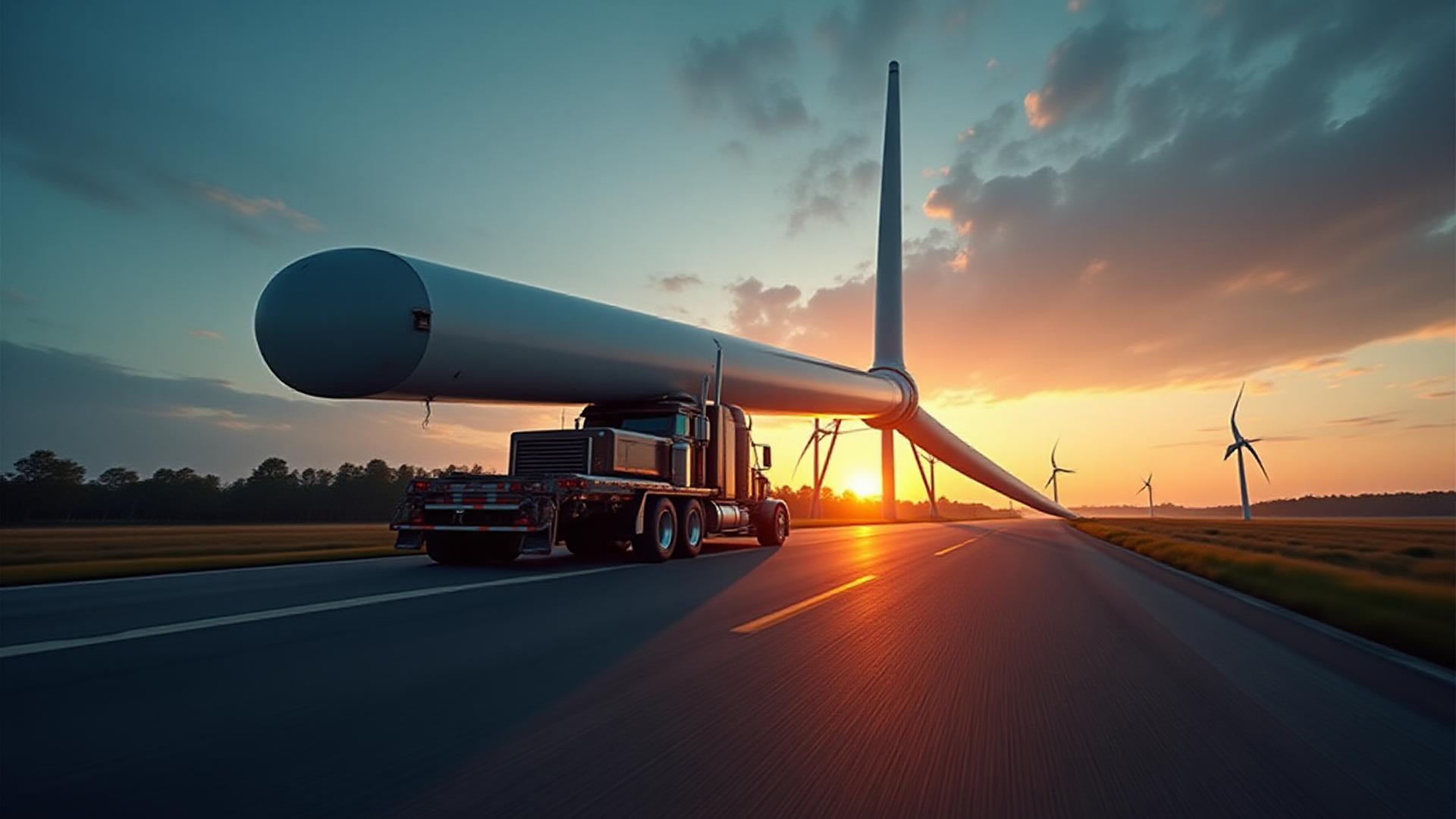 Heavy haul truck transporting a massive wind turbine blade at sunrise