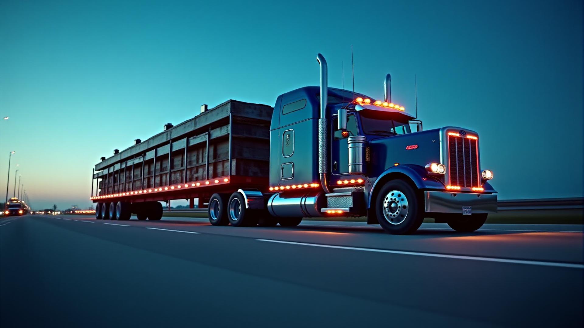 Low angle shot of a semi-truck with a flatbed trailer loaded with steel industrial components