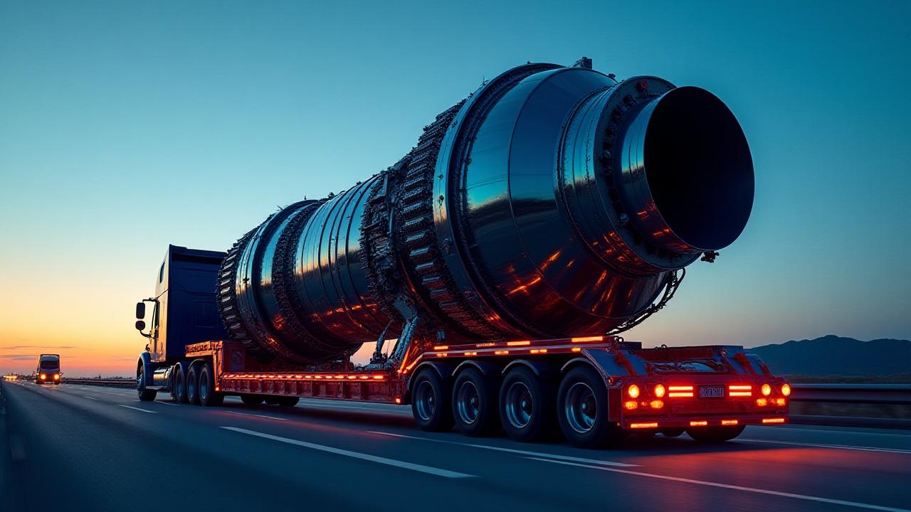 Heavy haul truck transporting a massive industrial generator on a multi-axle trailer